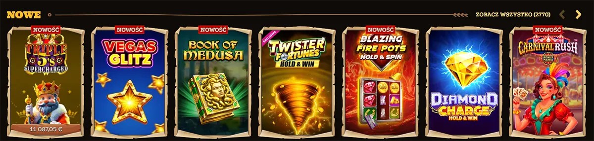 “Nowe” (New) games row in a Polish casino lobby with parchment-style tiles, showing Triple 7s Supercharged, Vegas Glitz, Book of Medusa, Twister Fortunes Hold & Win, Blazing Fire Pots Hold & Spin, Diamond Charge Hold & Win, and Carnival Rush; “Zobacz wszystko (2770)” link and navigation arrows on the right.