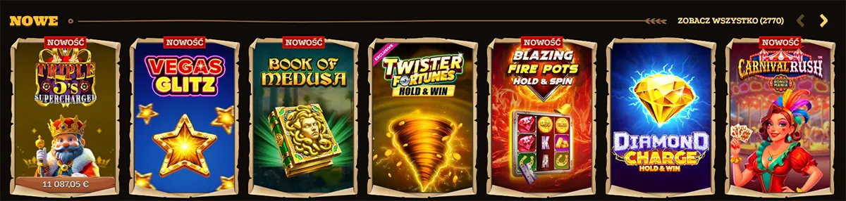 “Nowe” (New) games row in a Polish casino lobby with parchment-style tiles, showing Triple 7s Supercharged, Vegas Glitz, Book of Medusa, Twister Fortunes Hold & Win, Blazing Fire Pots Hold & Spin, Diamond Charge Hold & Win, and Carnival Rush; “Zobacz wszystko (2770)” link and navigation arrows on the right.