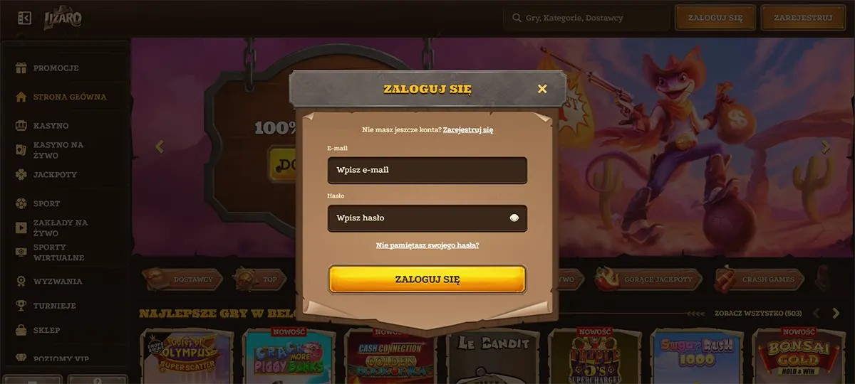 Polish login pop-up (“Zaloguj się”) on a dark casino site, with fields for email and password, a “Forgot password?” link, and a gold “ZALOGUJ SIĘ” button; blurred game lobby and navigation menu in the background.