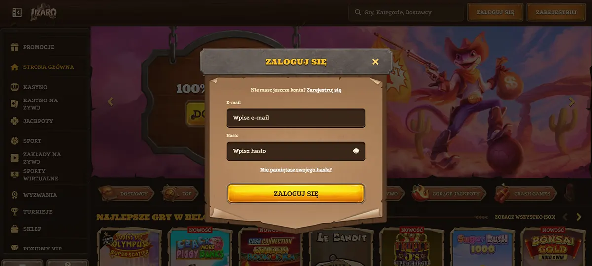 Polish login pop-up (“Zaloguj się”) on a dark casino site, with fields for email and password, a “Forgot password?” link, and a gold “ZALOGUJ SIĘ” button; blurred game lobby and navigation menu in the background.
